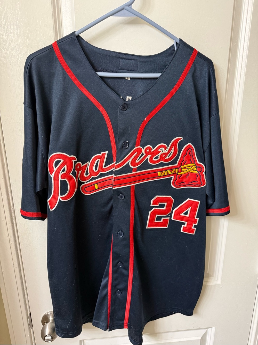 Deion Sanders Braves Men's Baseball Jersey - Navy with Red Trim